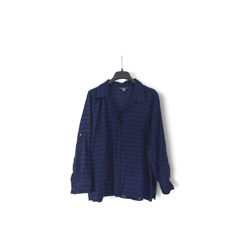Tommy Bahama Womens XL Navy Blue Striped Cotton Button Down Roll Tab Shirt